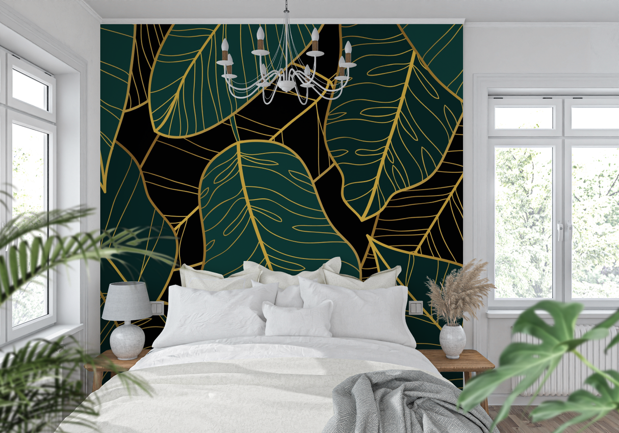 Tropical Mural Wallpaper | Emerald Green and Gold Leaves Pattern