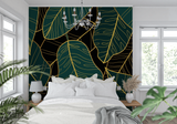Tropical Mural Wallpaper | Emerald Green and Gold Leaves Pattern