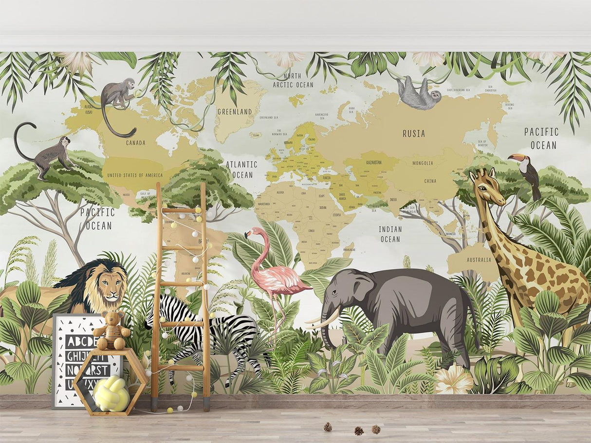 Safari Animals Mural Wallpaper | World Map with Jungle Wildlife