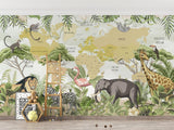 Safari Animals Mural Wallpaper | World Map with Jungle Wildlife