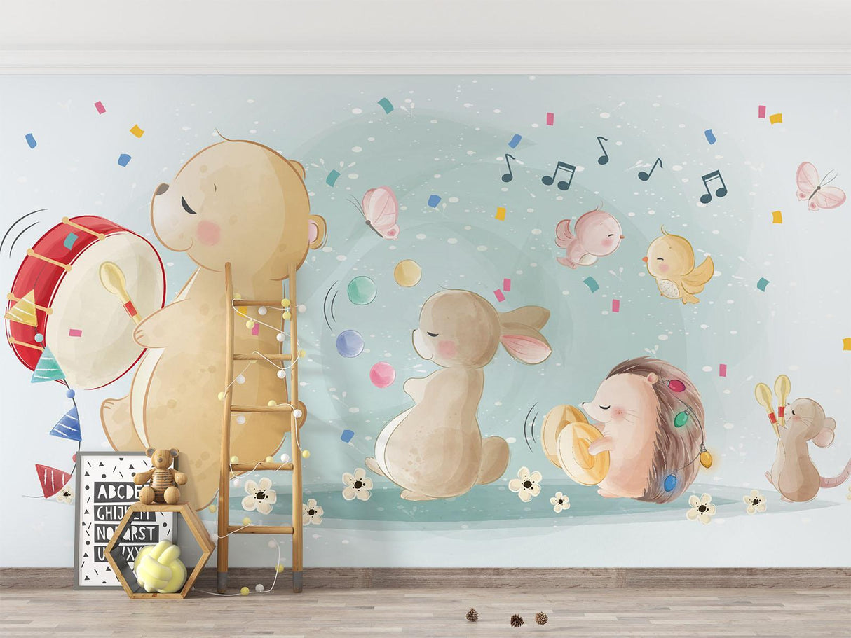 Musikalische Tiere Tapete | Verspielte Kinderzimmer-Band mit Bär und Hase
