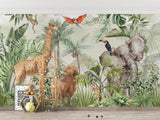 Papier Peint Mural Animaux de la Jungle | Faune Safari avec Feuillage Tropical
