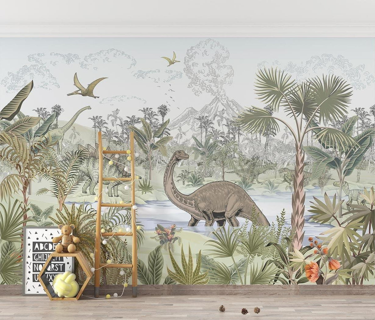 Dinosaur Mural Wallpaper | Jurassic Tropical Paradise Scene