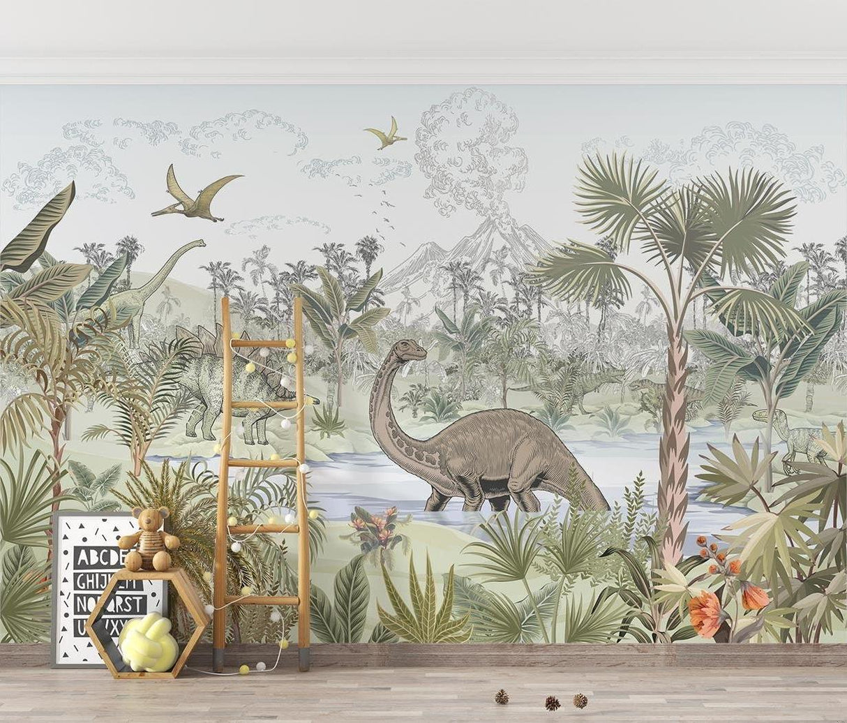 Dinosaur Mural Wallpaper | Jurassic Tropical Paradise Scene