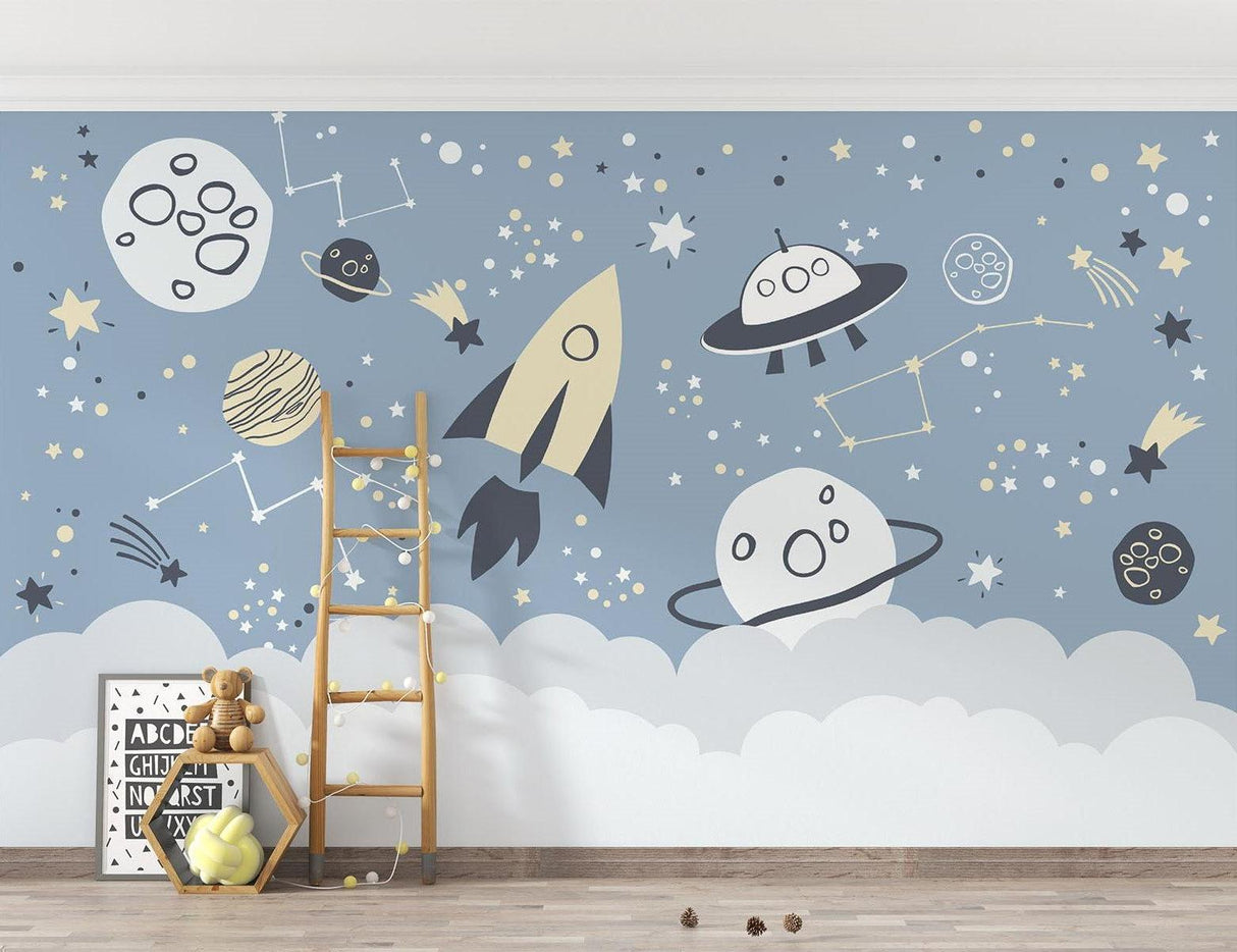 Space Mural Wallpaper | Galaxy Adventure with Rockets and UFOs
