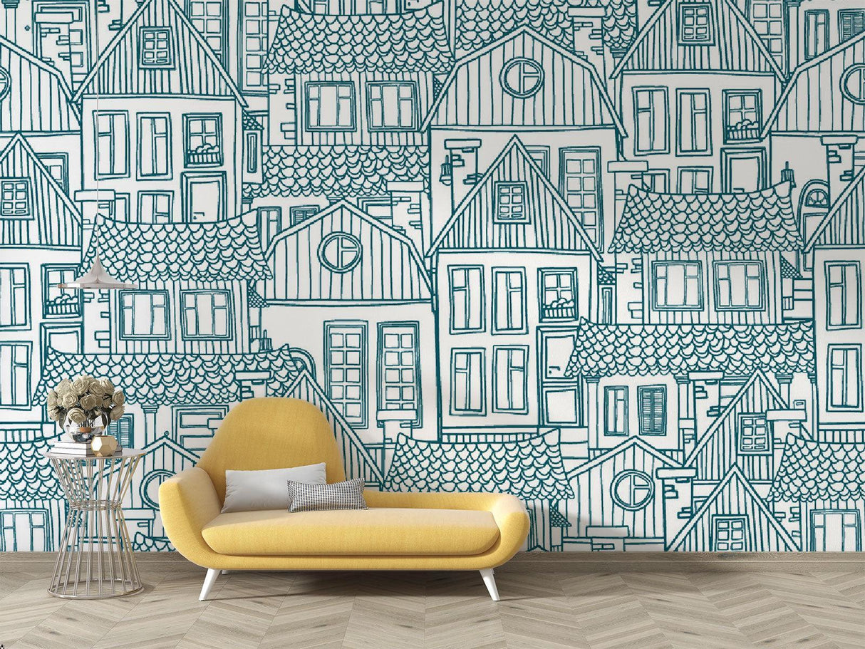 City Line Art Mural Wallpaper | Blue Architectural Sketch Design