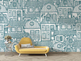 City Line Art Mural Wallpaper | Blue Architectural Sketch Design