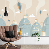 Kids Mountain Mural Wallpaper | Whimsical Train and Hot Air Balloons
