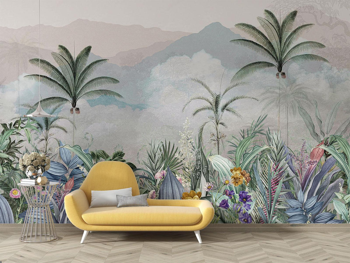 Tropical Mural Wallpaper | Mountain Paradise With Exotic Flora