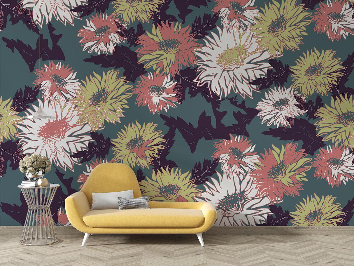 Floral Mural Wallpaper | Vintage Botanical Pattern in Terracotta and Green