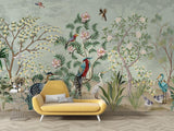 Birds Mural Wallpaper | Exotic Garden with Pink Flowers