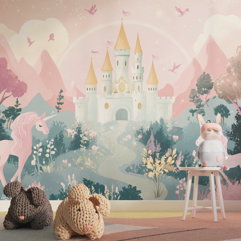 Princess Mural Wallpaper | Enchanted Castle with Pink Unicorns