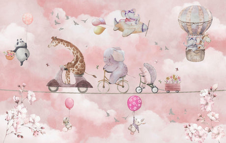 Kinder Tier Tapete | Abenteuerparade im rosa Himmel