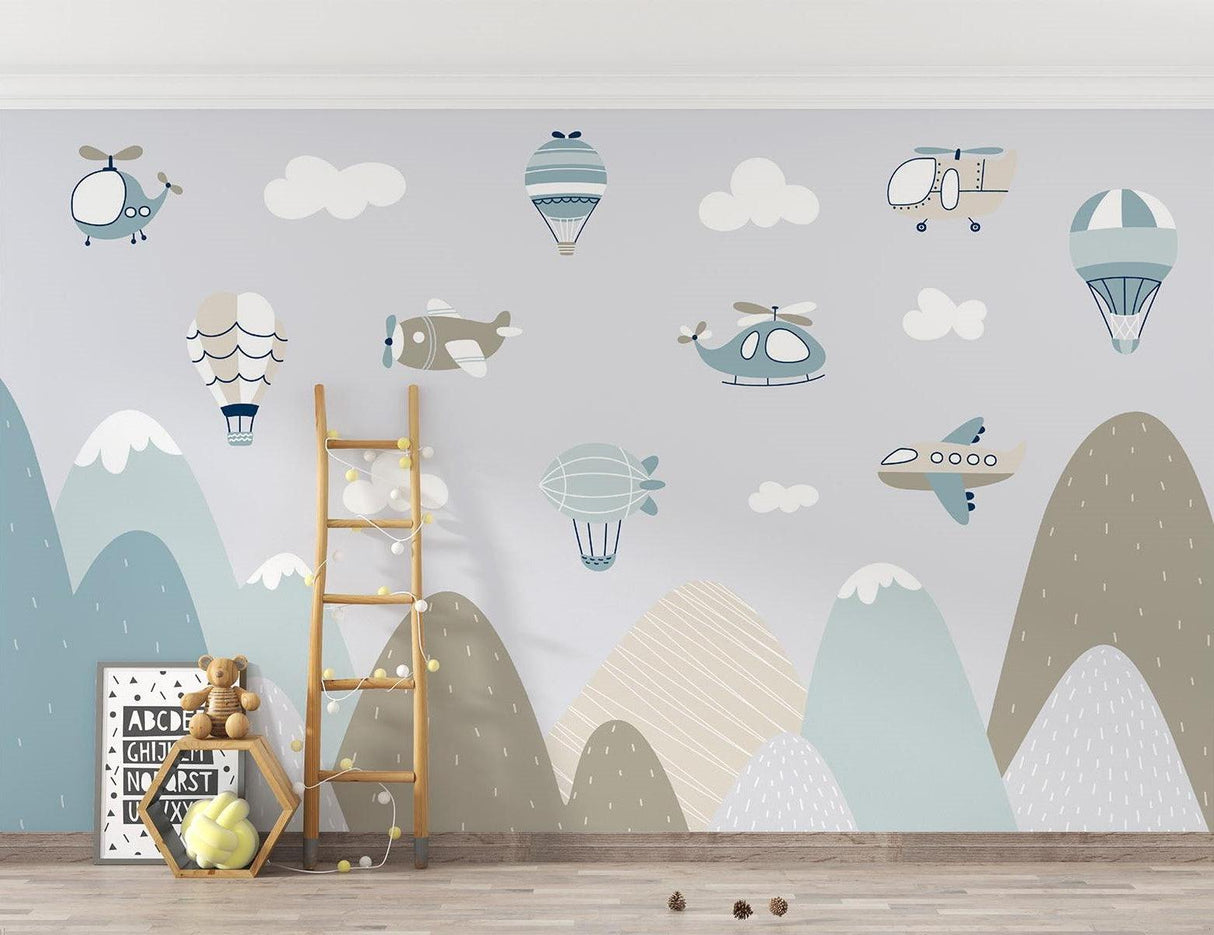 Sky Adventure Mural Wallpaper | Mountain Landscape with Aircraft Design