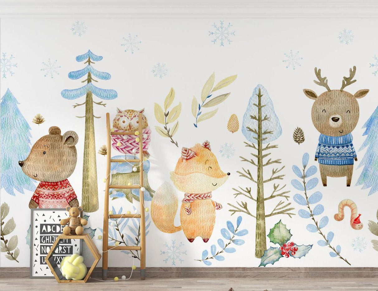 Forest Animals Mural Wallpaper | Winter Woodland with Cozy Sweaters