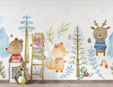 Forest Animals Mural Wallpaper | Winter Woodland with Cozy Sweaters