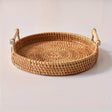 Handwoven Rattan Serving Tray  Natural Wood Handles - Detailed view