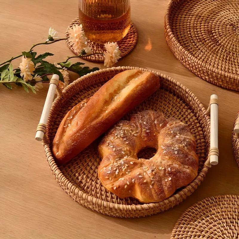 Handwoven Rattan Serving Tray  Natural Wood Handles - Product detail 4