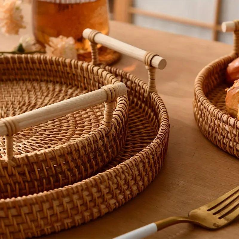 Handwoven Rattan Serving Tray  Natural Wood Handles - Product example