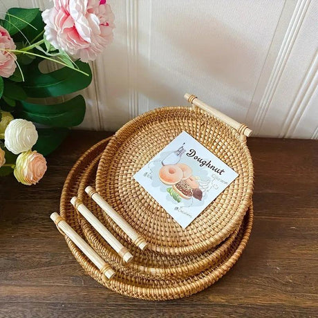 Handwoven Rattan Serving Tray  Natural Wood Handles - Product detail 6