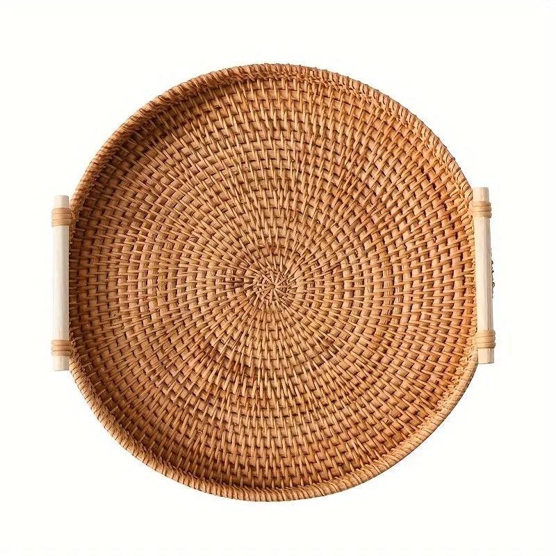 Handwoven Rattan Serving Tray  Natural Wood Handles - Product detail 5