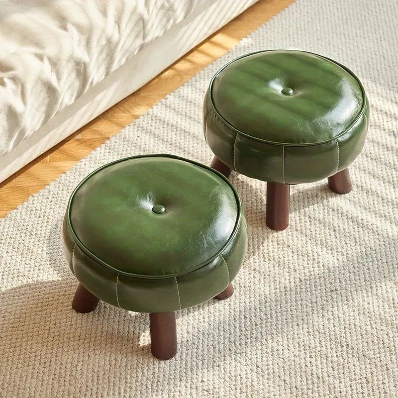 Contemporary Ottoman Footstool  Green Faux Leather Wood Legs - Detailed view