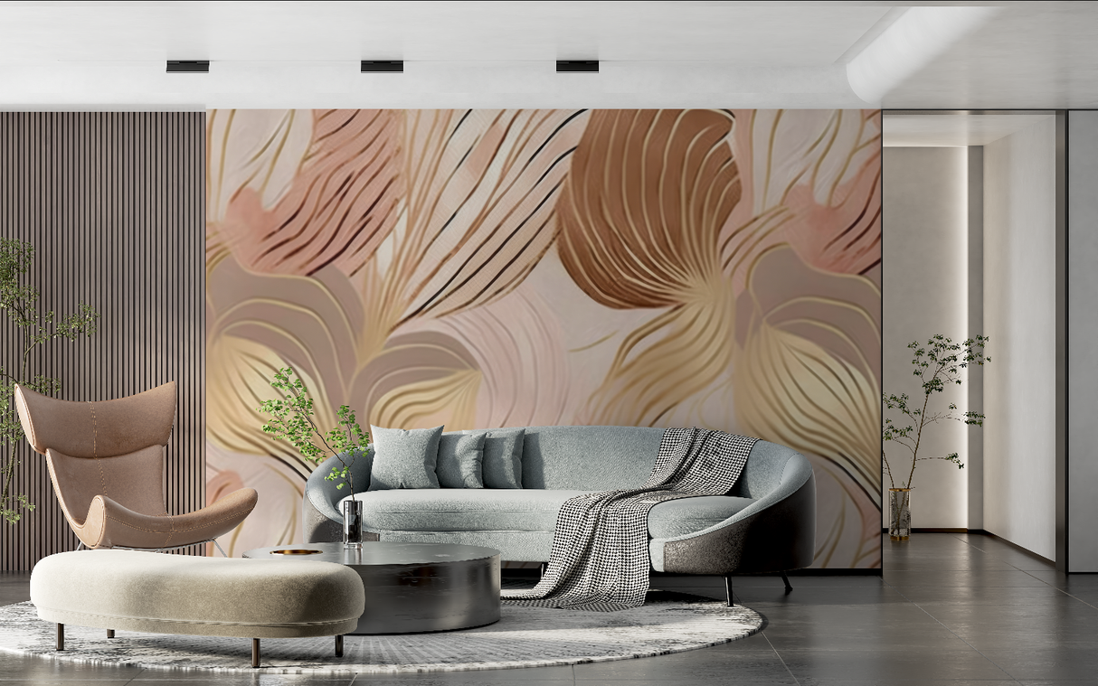 Abstract Mural Wallpaper | Golden Waves on Blush Pink