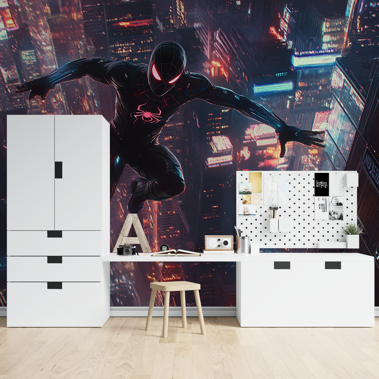 Superhero Mural Wallpaper | Night City Spiderman Action