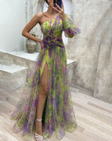 Watercolor Evening Gown  One Shoulder Multicolor Tulle Design - Product detail 8