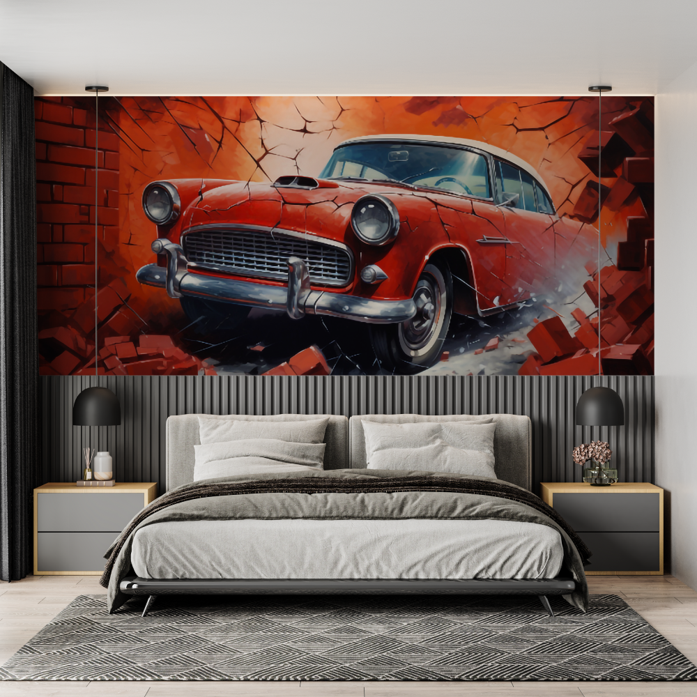 Vintage Car Mural Wallpaper | Classic Red Auto Breaking Through Brick Wall