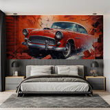 Vintage Car Mural Wallpaper | Classic Red Auto Breaking Through Brick Wall
