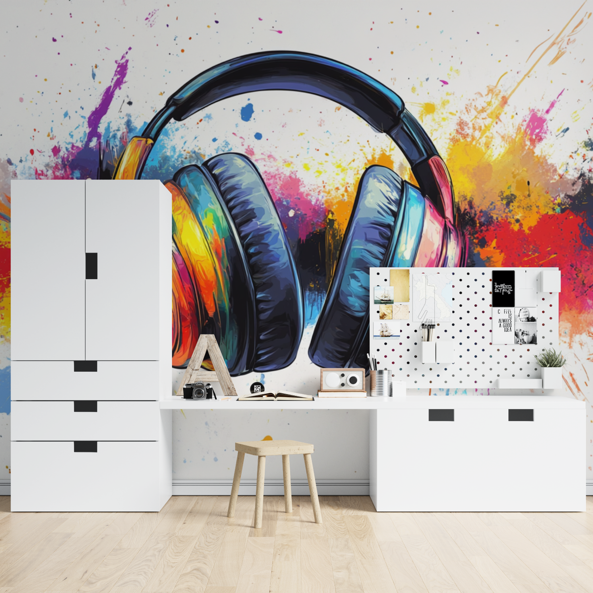 Music Mural Wallpaper | Colorful Headphones Graffiti Art