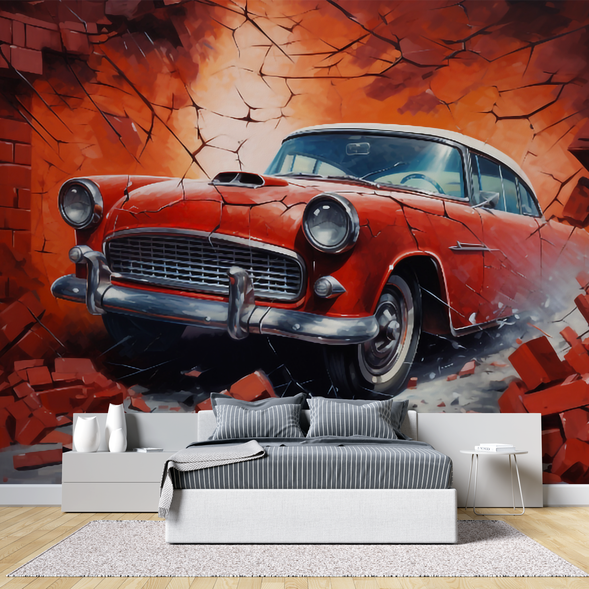 Vintage Car Mural Wallpaper | Classic Red Auto Breaking Through Brick Wall
