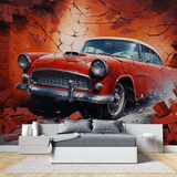 Vintage Car Mural Wallpaper | Classic Red Auto Breaking Through Brick Wall