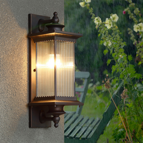 Classic Outdoor Wall Light  Ribbed Glass Lantern In Black Metal - Product showcase