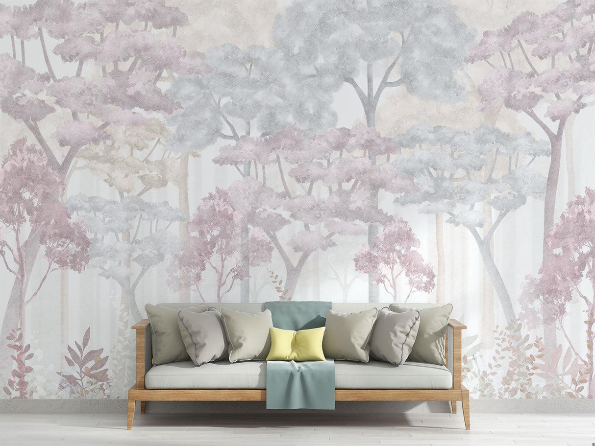 Wald Tapete | Traumhafte rosa und graue Aquarellbäume