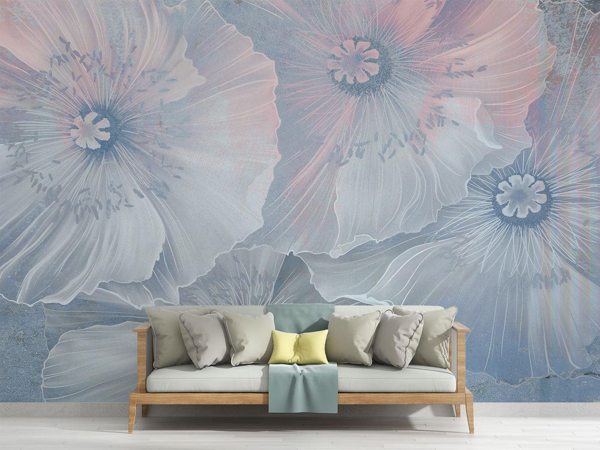 Floral Mural Wallpaper | Ethereal Blue and Pink Poppies