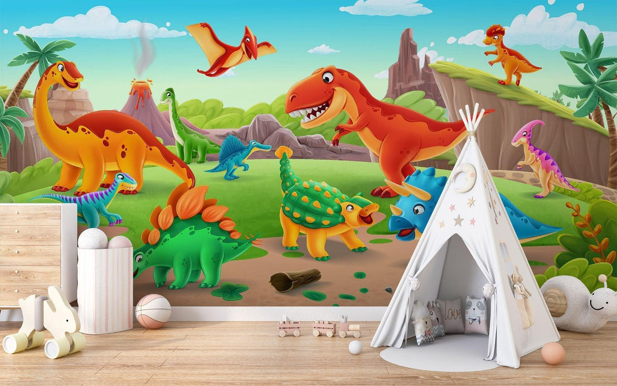 Dinosaurier Tapete | Bunte prähistorische Abenteuerszene