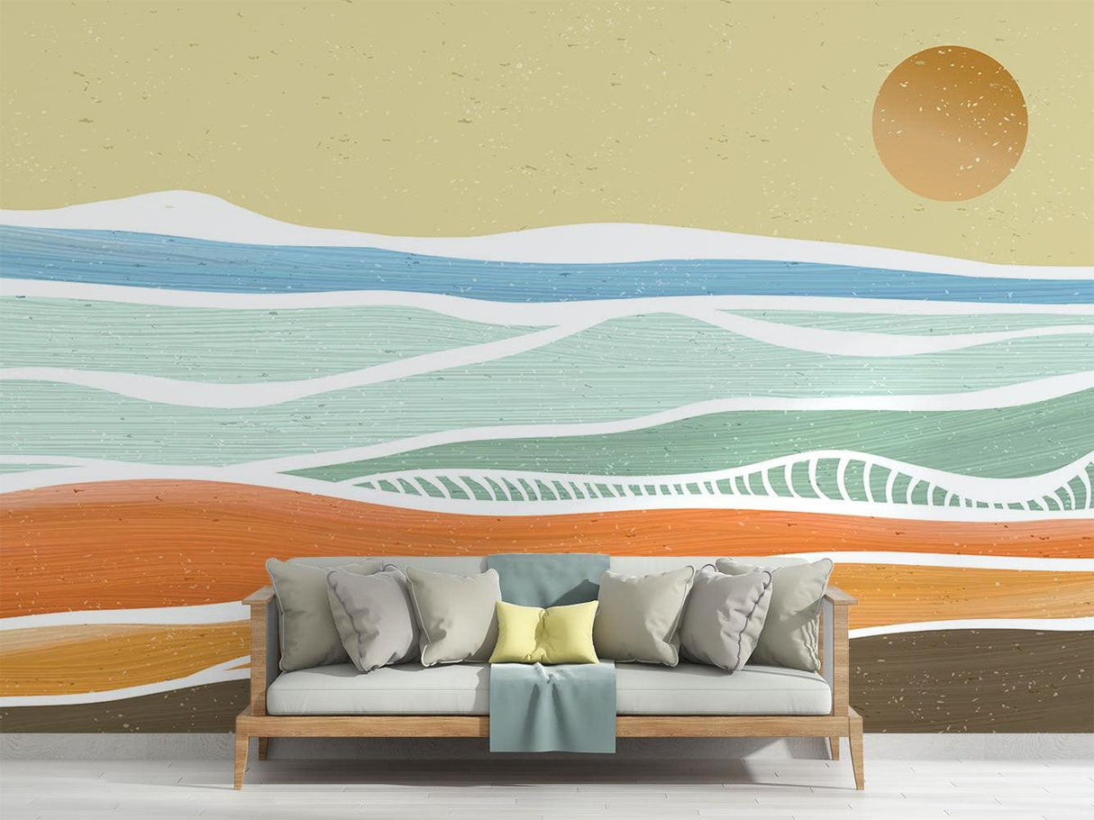 Abstract Beach Mural Wallpaper | Minimalist Coastal Waves Design
