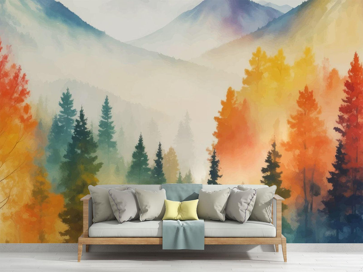 Papier Peint Mural Forêt | Scène Aquarelle Montagne Brumeuse