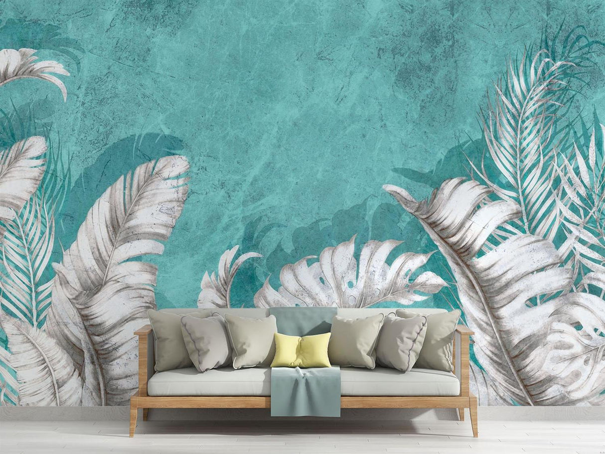 Tropical Mural Wallpaper | White Palm Leaves on Turquoise