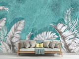 Tropical Mural Wallpaper | White Palm Leaves on Turquoise
