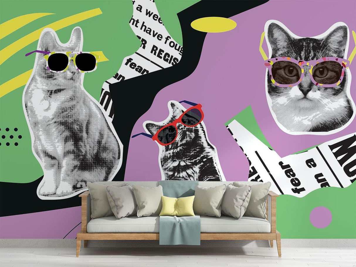 Pop Art Mural Wallpaper | Cool Cats With Sunglasses Design