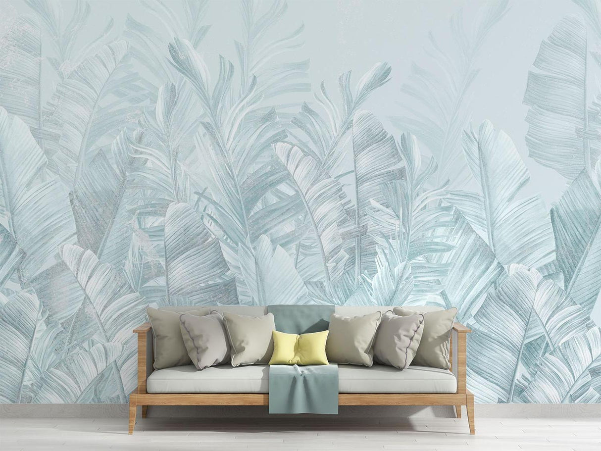 Tropical Mural Wallpaper | Soft Blue Palm Leaves Design