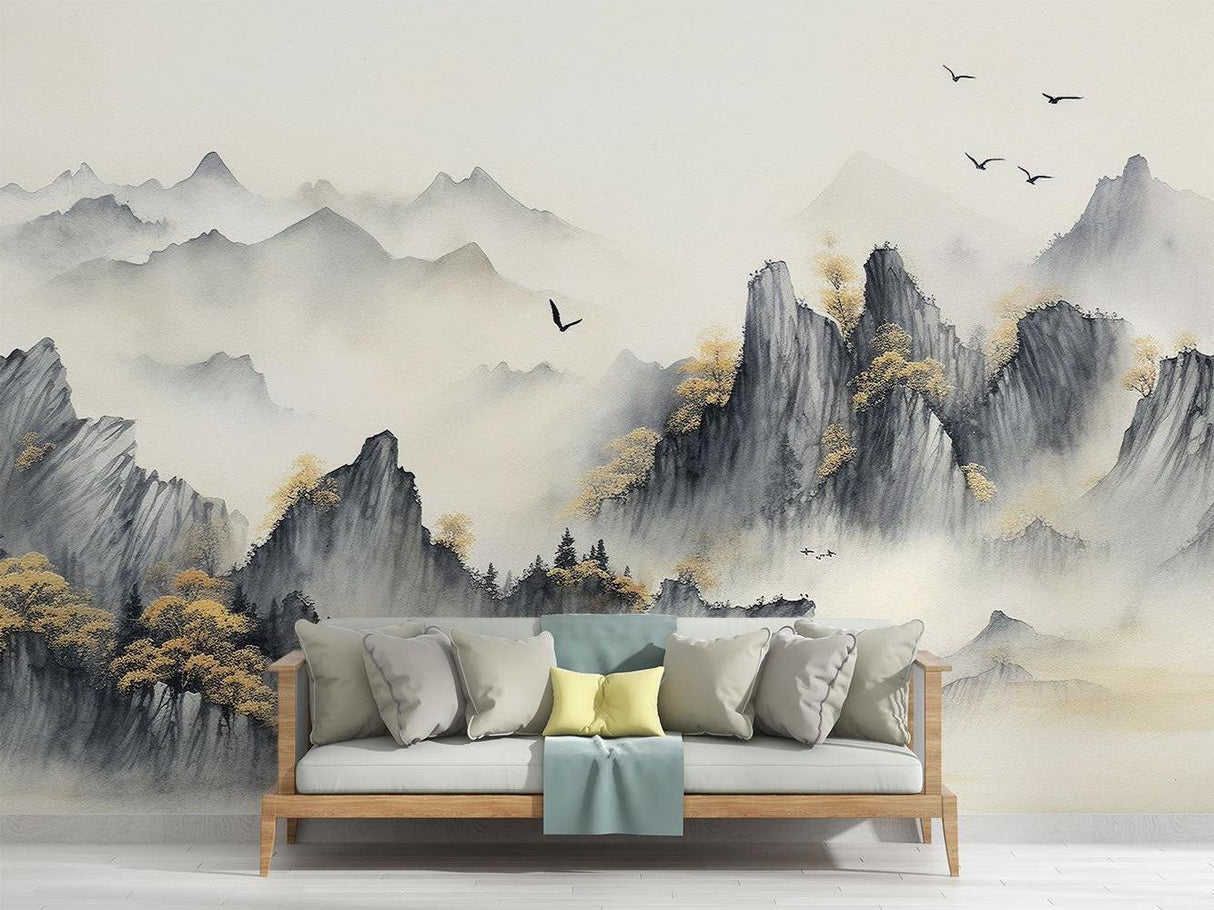 Mountain Mural Wallpaper | Japanese Watercolor Landscape with Birds