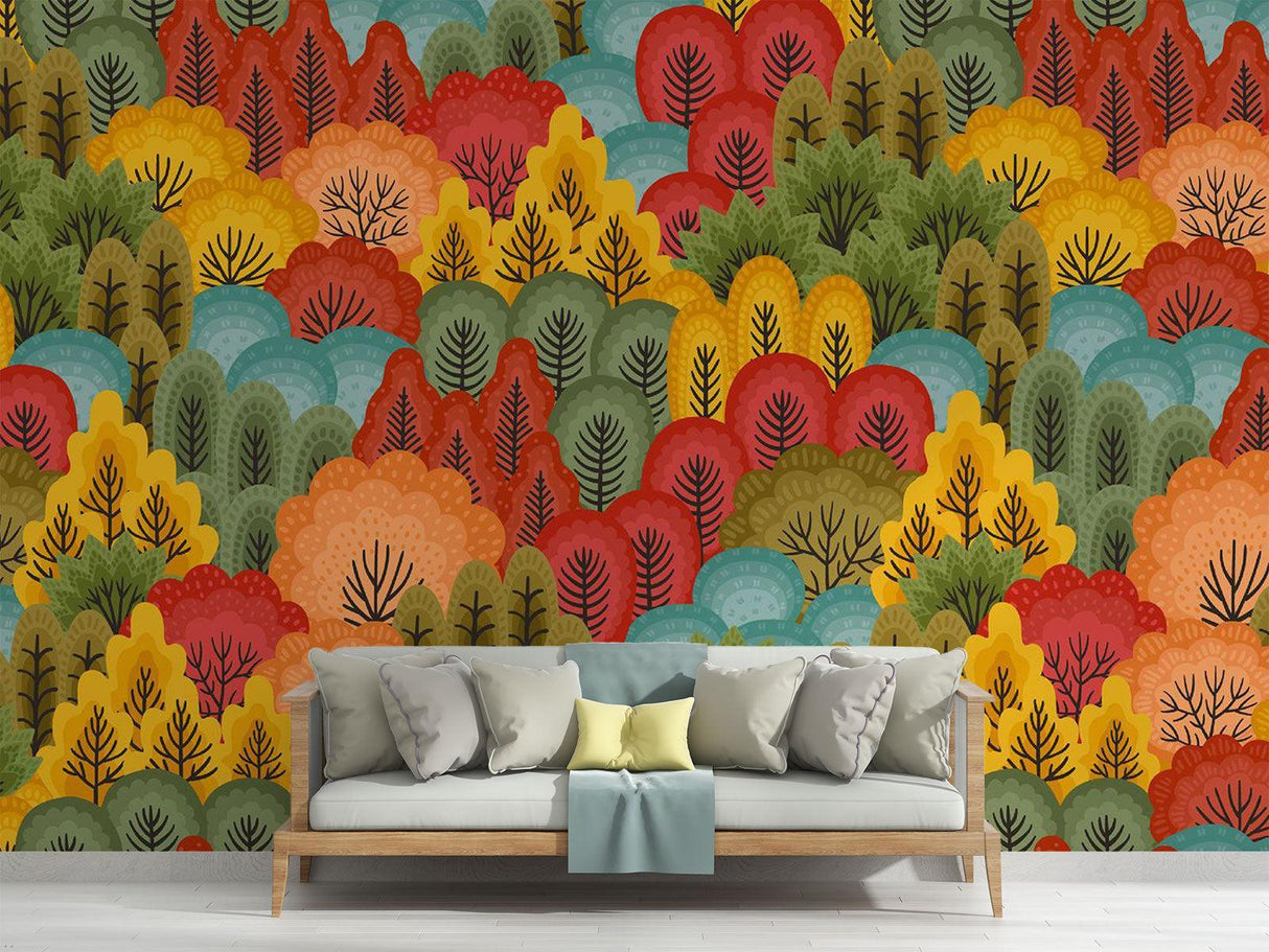 Forest Mural Wallpaper | Colorful Autumn Trees Pattern