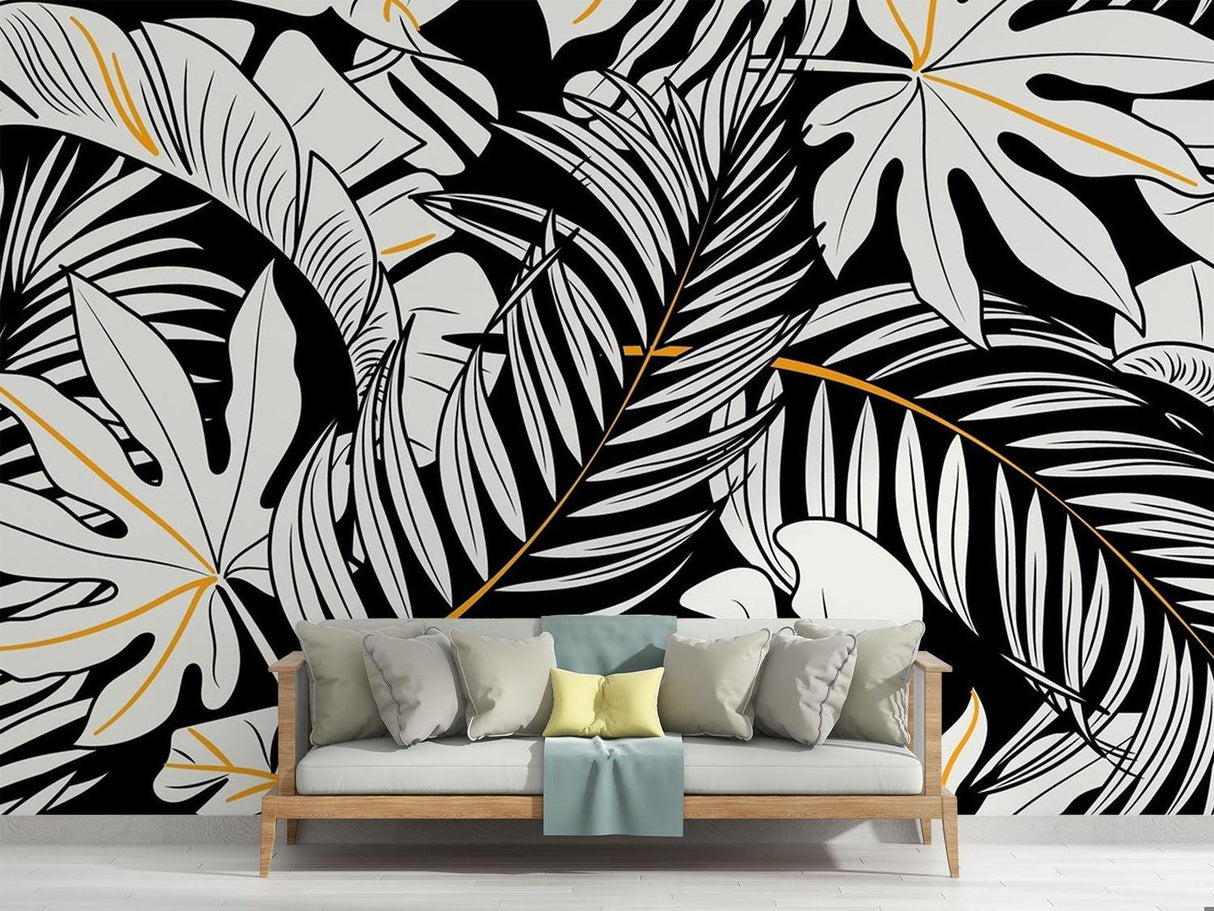 Papier Peint Mural Tropical | Monstera Noir et Blanc avec Accents Dorés
