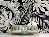 Papier Peint Mural Tropical | Monstera Noir et Blanc avec Accents Dorés