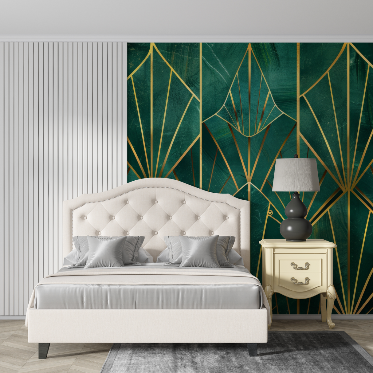 Art Deco Mural Wallpaper | Emerald Green and Gold Geometric Pattern
