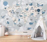 Weltkarte Tapete | Kinderabenteuer mit Tieren und Heißluftballons